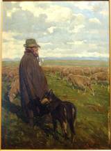 Jos. Emanuel Michel, 1887-1973,
Schäfer mit Hund u. Herde,
ÖllPlatte, 51x37 cm