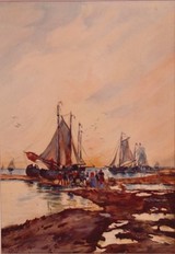 H. Herrmann, 1858-1942,
Fischerboote im Watt,
Gouache, 45,5 x31,5 cm