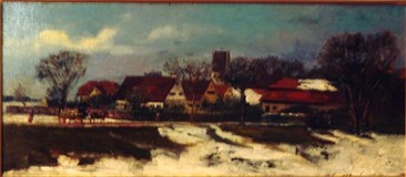 Roman Kochanowski, 1857-1945,
Pferdewagen vor Dorf,
Öl/Kart., 21,5x48,5 cm